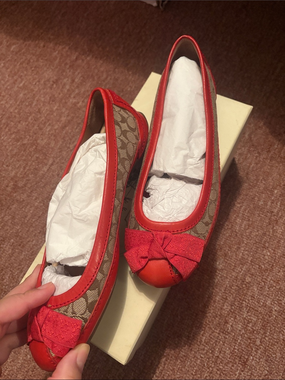 Coach Brown Signature Canvas Ballet Flats with Red Trim and Bow